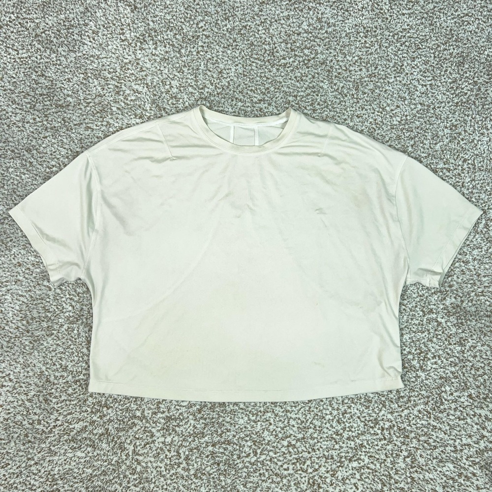 Lululemon Shirt Womens Large White Cropped Short Sleeve Relaxed Gym Yoga Top